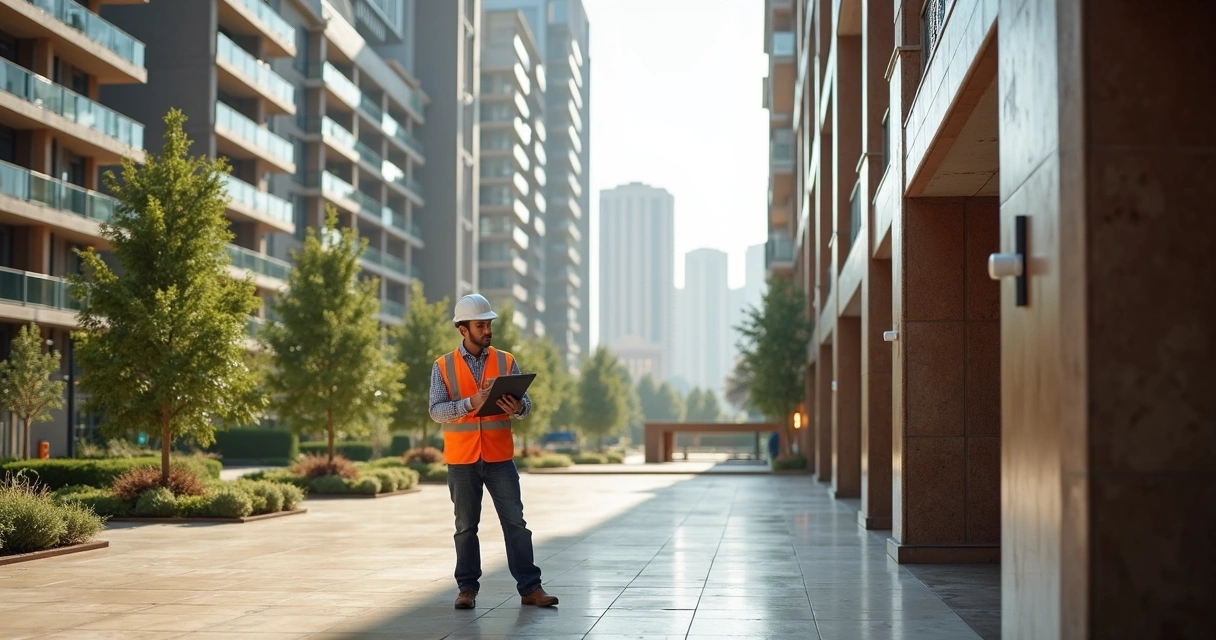 Engenheiro realizando vistoria cautelar em área comum de condomínio residencial 