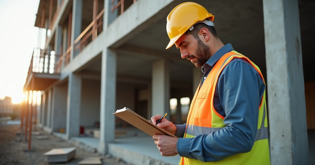 Engenheiro realiza vistoria em obra civil com prancheta e capacete 