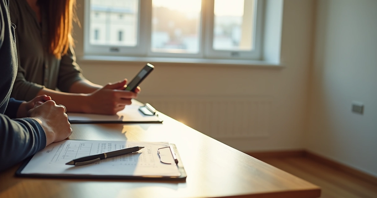 Vistoria em imóvel residencial com anotações e fotos 