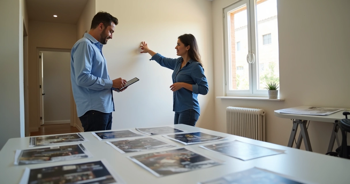 Parede de imóvel com laudo de vistoria detalhado e fotos de rachaduras ao lado. 