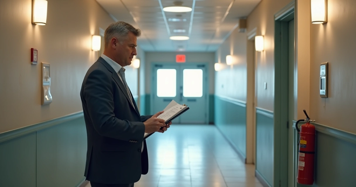 Síndico vistoriando corredor de prédio com checklist em mãos 