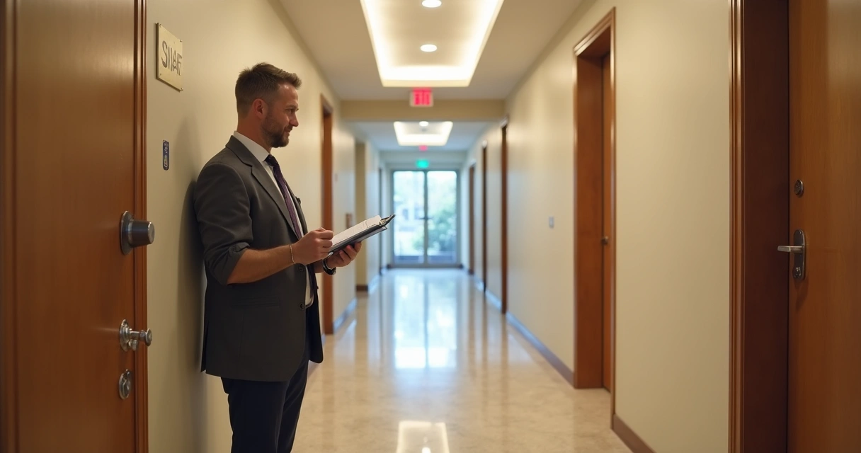 Corredor de prédio com vistoriador registrando detalhes