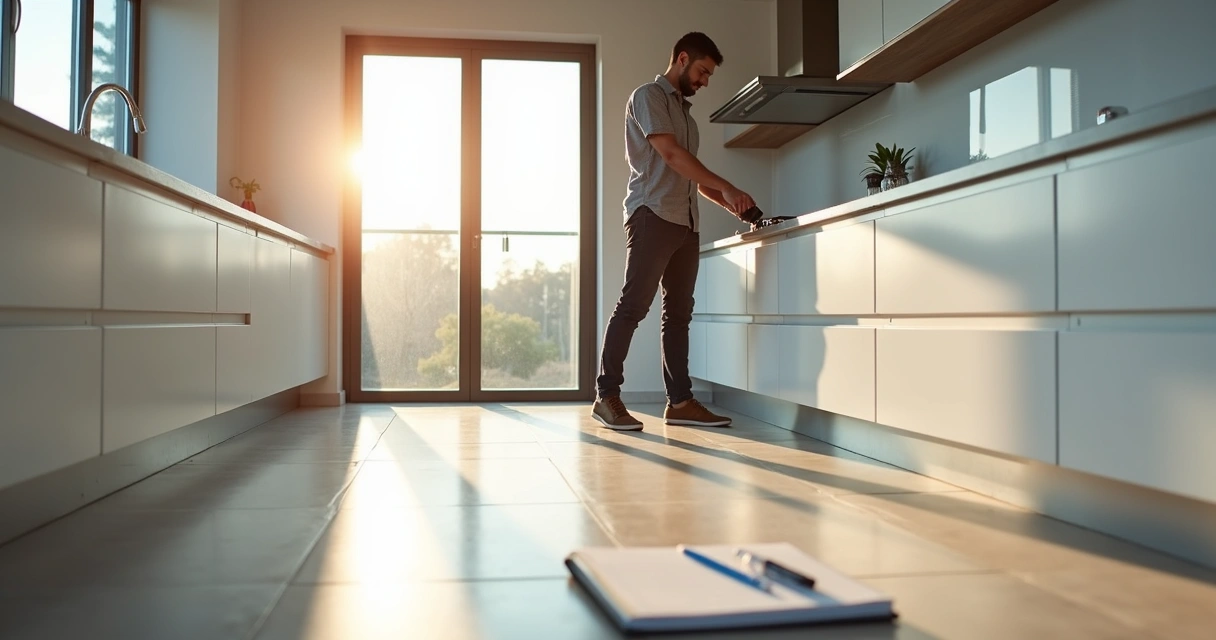 Pessoa testando tomada da cozinha com carregador de celular e olhando azulejos 