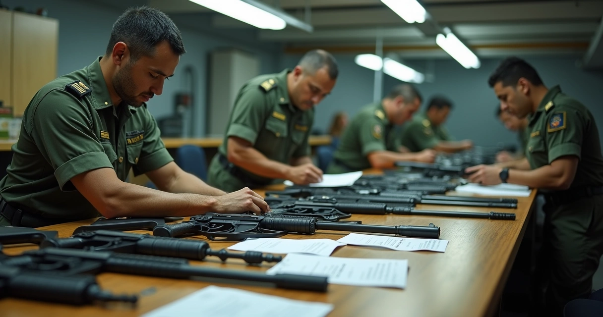 Vistoria de armas feita pelo Exército em bancada de madeira