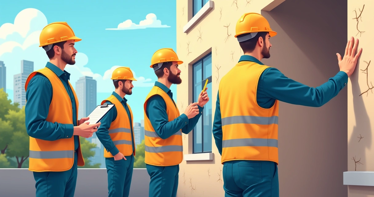 Equipe de engenheiros realizando vistoria em prédio residencial 