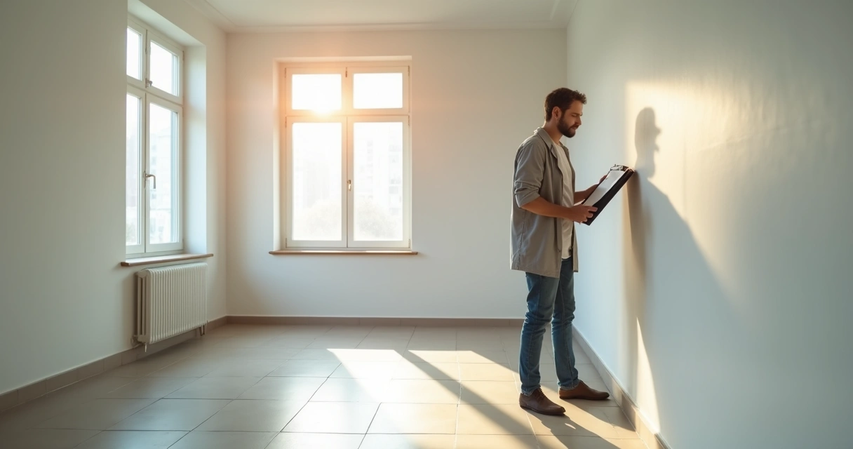 Corretor vistoriando imóvel com prancheta próximo à parede 