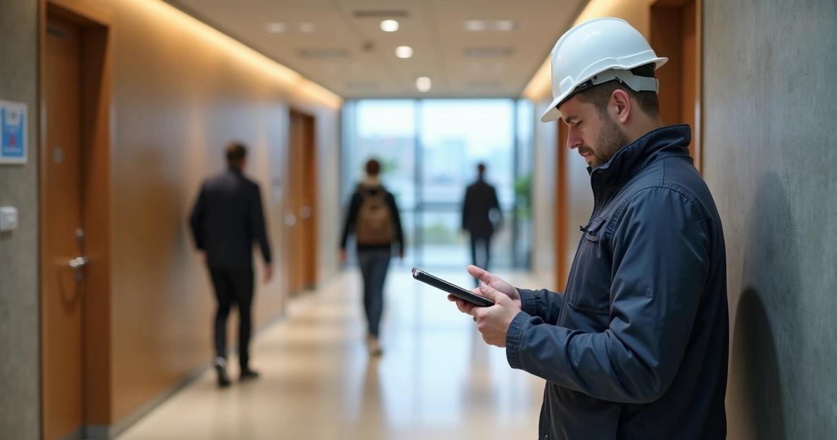 Engenheiro com tablet registra manutenção em hall moderno 