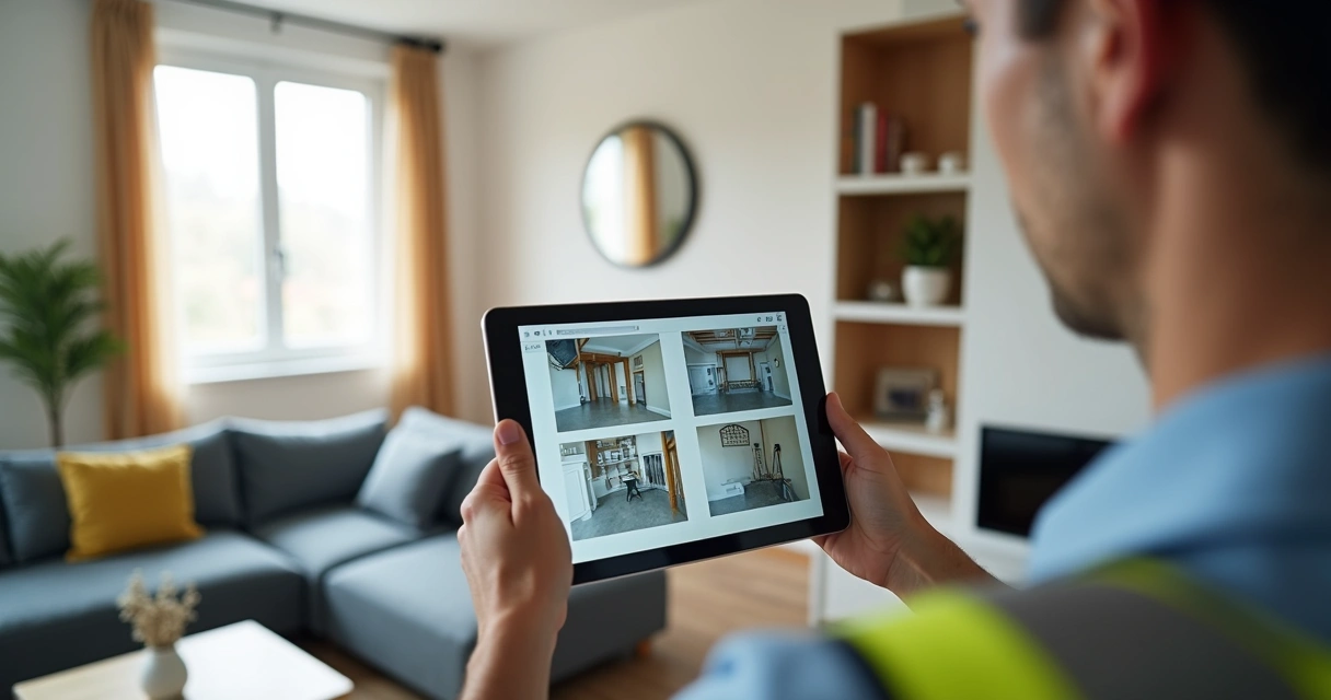 Profissional realizando vistoria digital em imóvel com tablet, imagens do laudo sendo exibidas na tela 