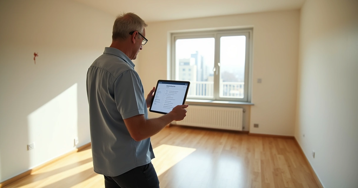 Corretor usando tablet para registrar vistoria digital em imóvel vazio. 