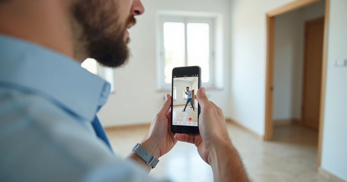Vistoriador usando aplicativo em apartamento vazio 