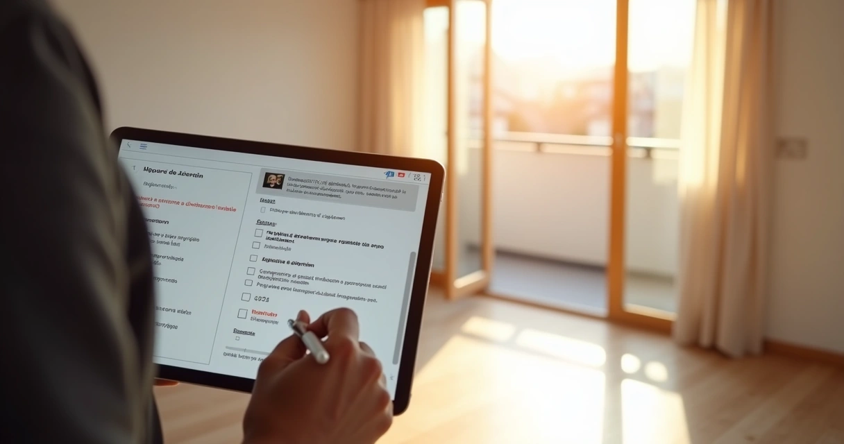 Checklist digital feita em tablet mostra vistoria detalhada em imóvel vazio. 