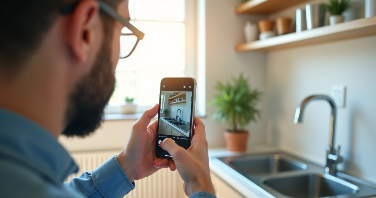 Pessoa tirando fotos do interior de uma kitnet com celular 