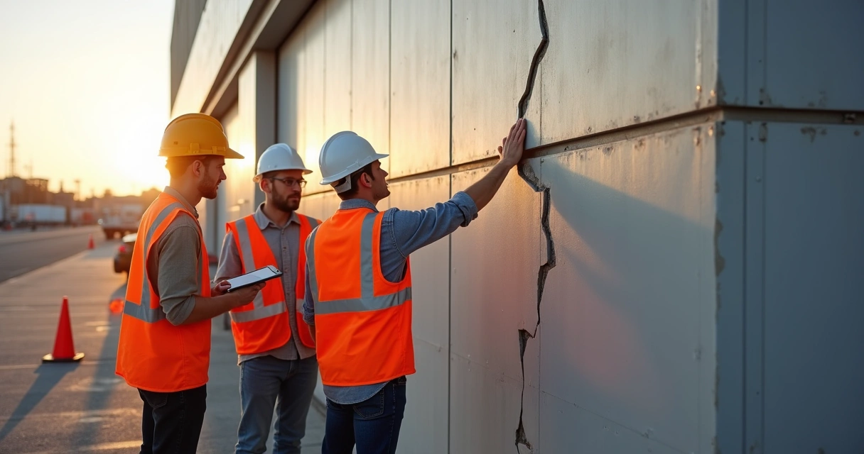 Equipe examinando fachada de edifício industrial com tablet na mão 