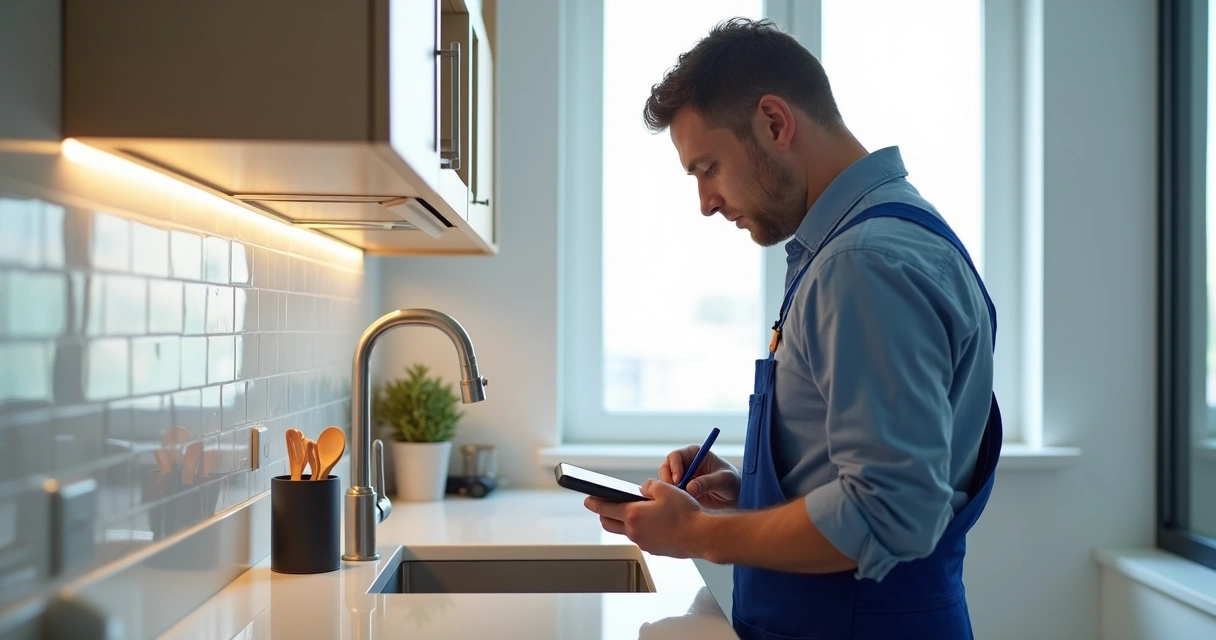 Técnico checando instalação elétrica em cozinha alugada