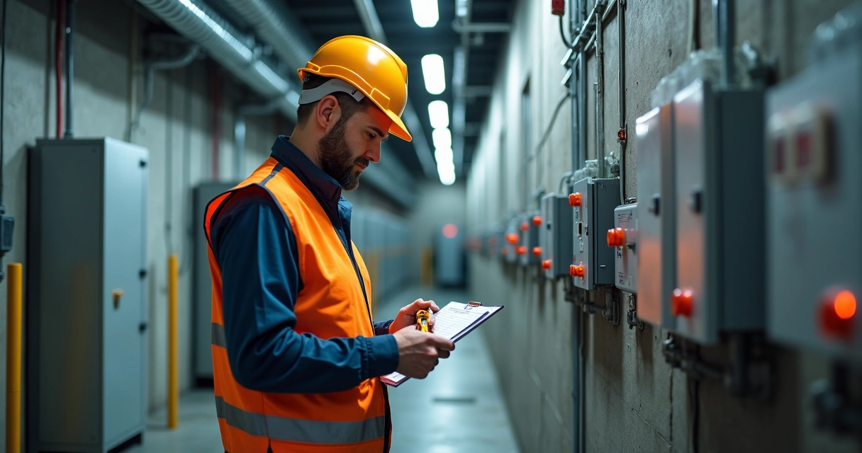 Perito vistoriando instalação elétrica em corredor técnico 