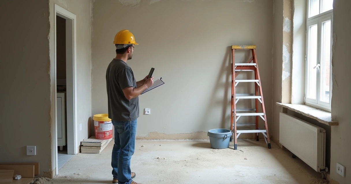 Profissional registrando paredes e piso em imóvel em obra