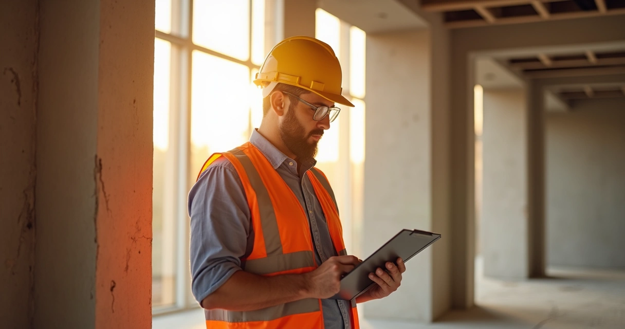 Engenheiro realiza vistoria com prancheta em edificação 