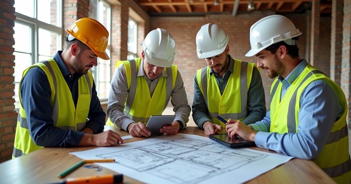Engenheiros analisando imóvel durante vistoria técnica 
