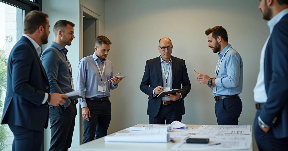 Engenheiro judicial realizando vistoria técnica em ambiente interno de edifício, medindo parede com equipe acompanhando 
