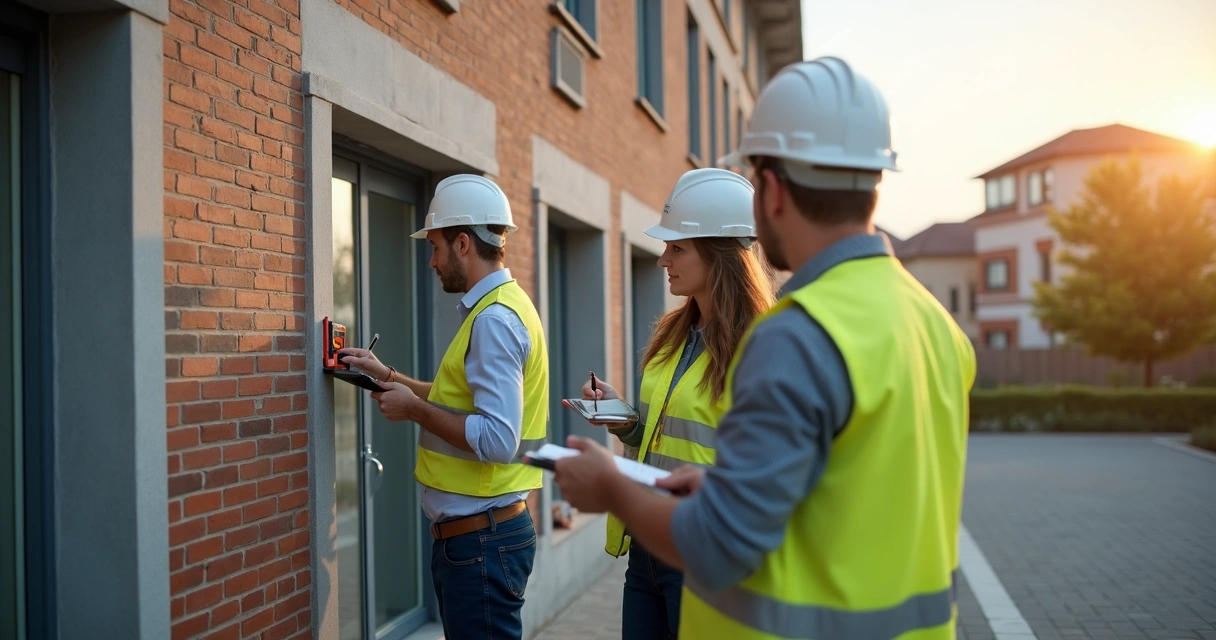 Engenheiros realizando vistoria técnica em prédio residencial 
