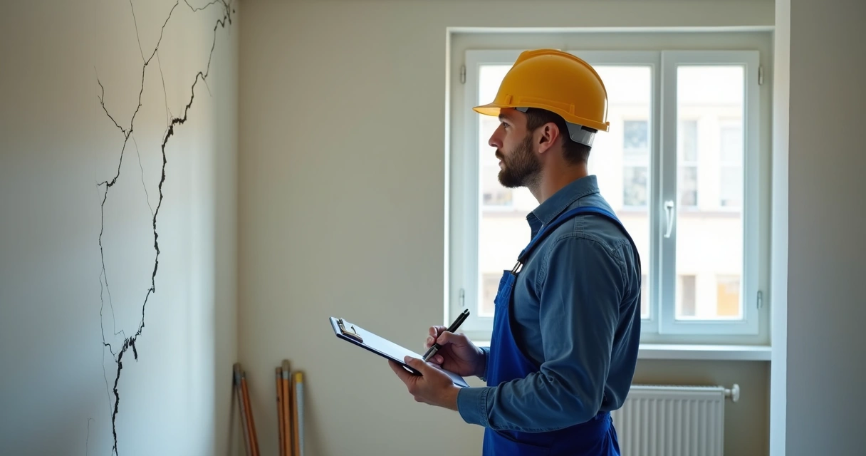 Engenheiro examinando parede com trinca em imóvel 