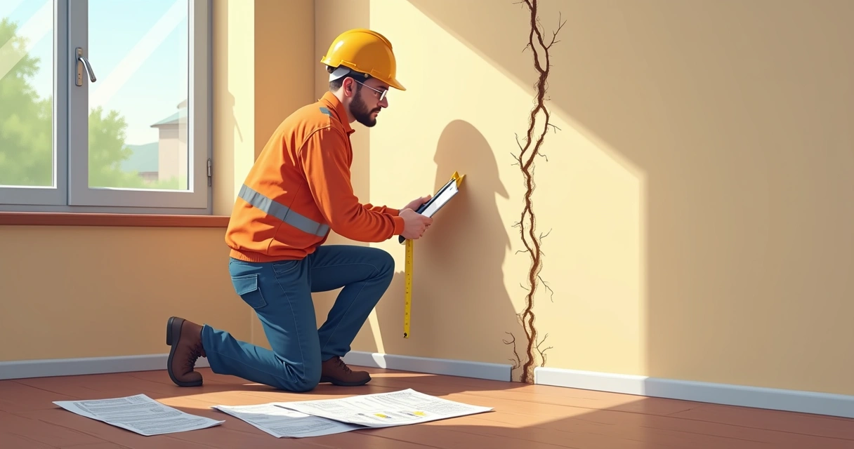 Engenheiro perito analisando rachadura em parede residencial 