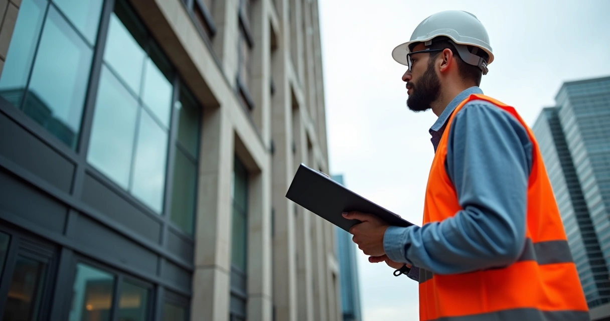 Engenheiro vistoriando fachada de prédio com prancheta e capacete 