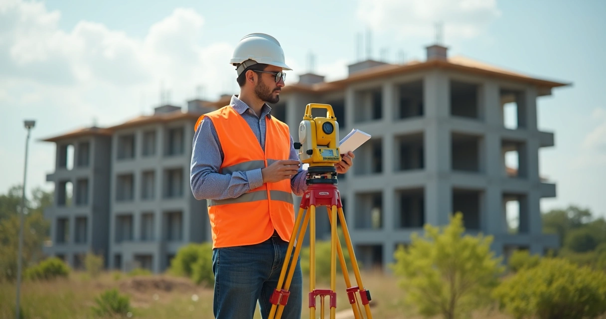Engenheiro realizando vistoria de campo com equipamento topográfico 