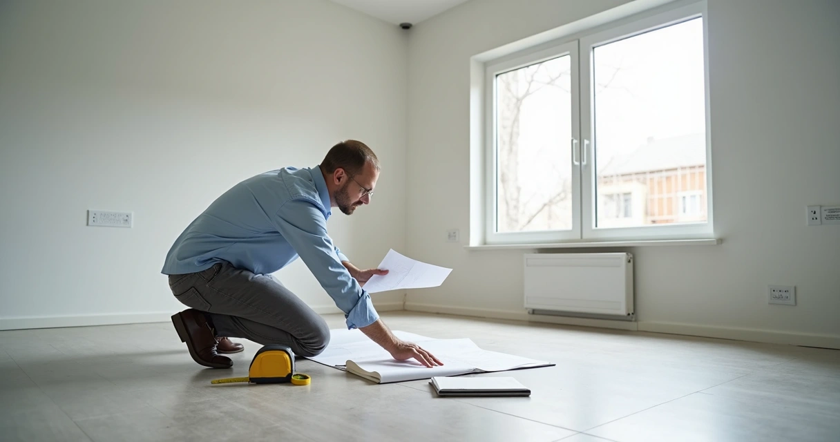 Engenheiro conferindo planta de apartamento vazio durante vistoria 