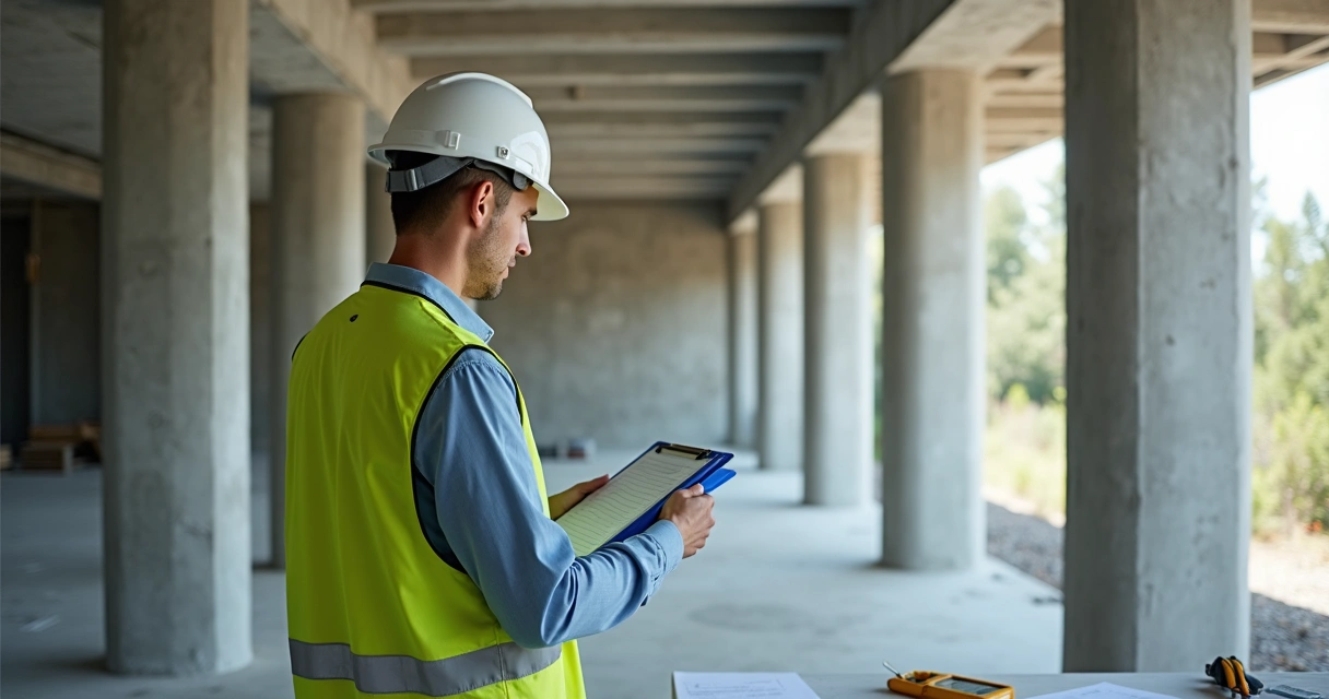 Engenheiro vistoriando estrutura de concreto com clipboard em mão 