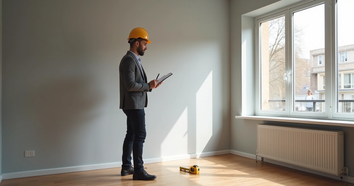 Engenheiro com prancheta vistoriando sala de apartamento vazio 