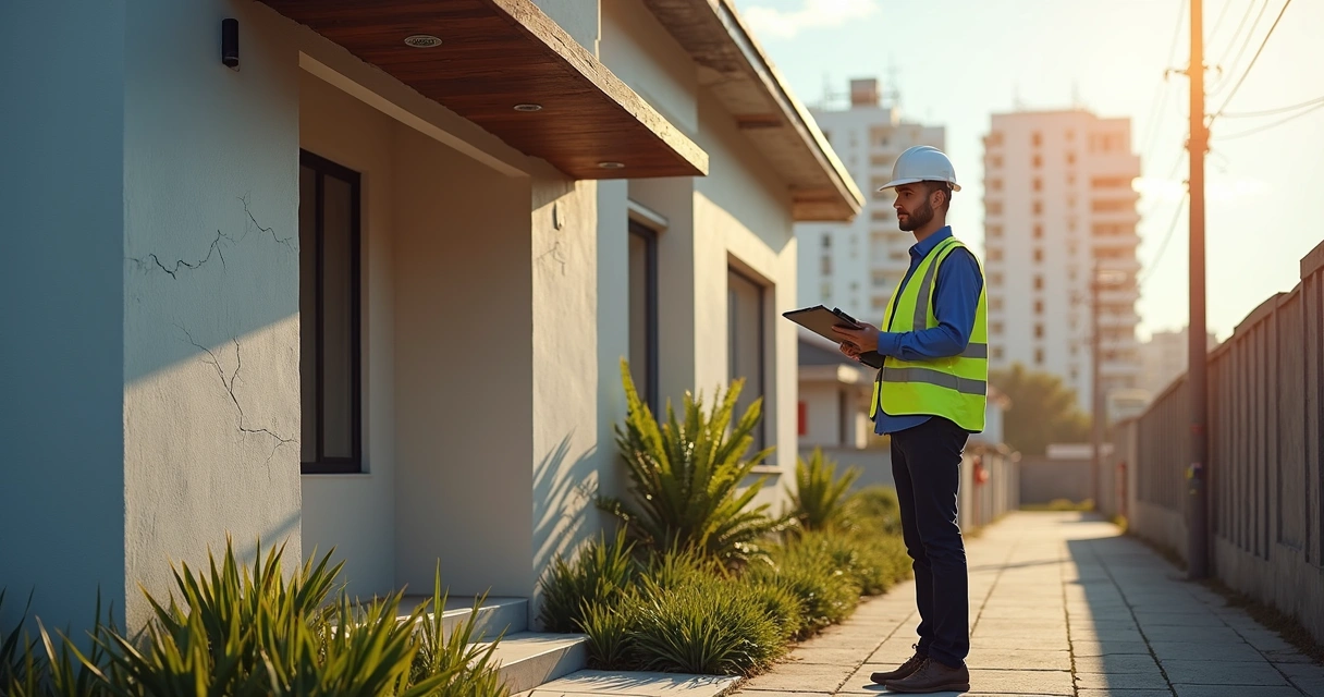 Engenheiro com prancheta e câmera documentando fachada de casa vizinha à obra em área urbana 