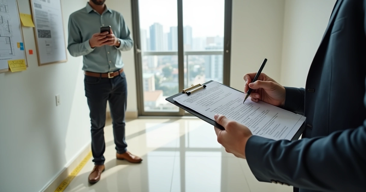Corretor comparando checklist de vistoria com estado real de apartamento vazio 