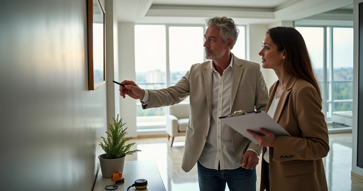 Comprador e engenheiro vistoriando apartamento novo, conferindo paredes e acabamentos 