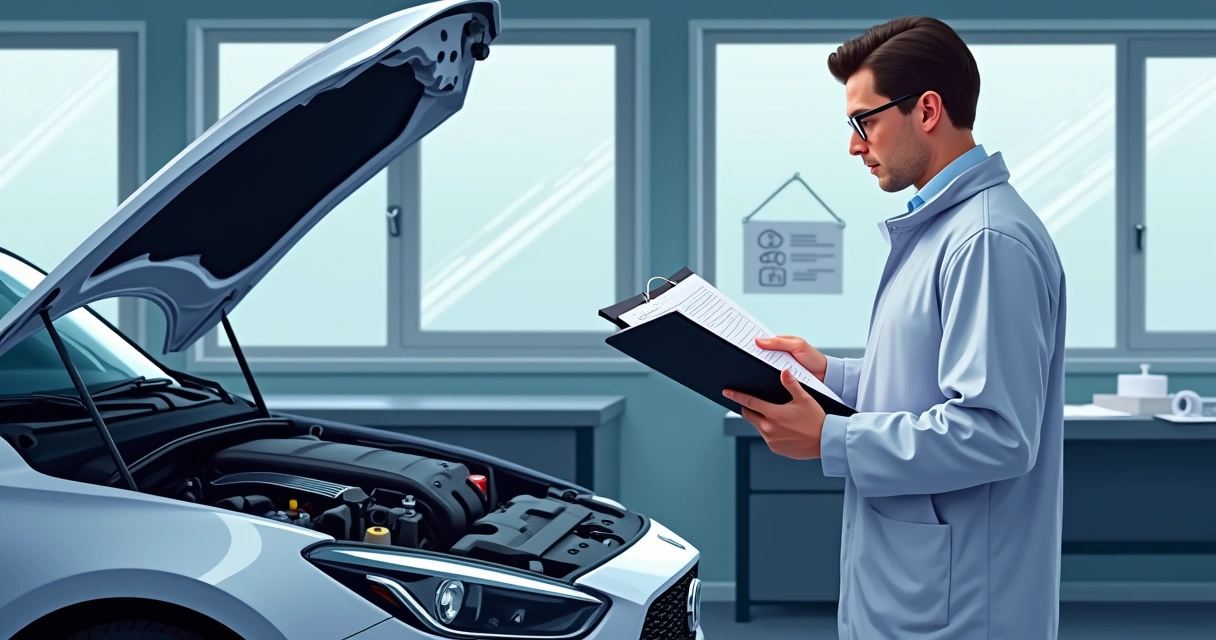 Profissional analisando motor de carro novo em oficina bem iluminada 
