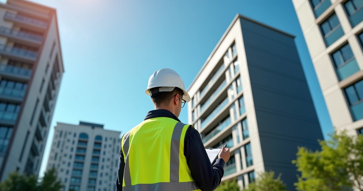 Engenheiro em frente à fachada principal de prédio realizando vistoria visual 