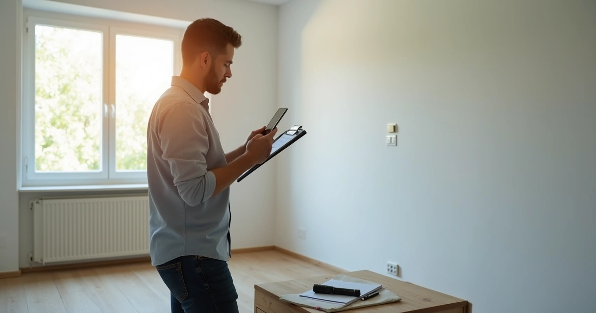 Vistoriador fotografando cômodo de apartamento com prancheta nas mãos