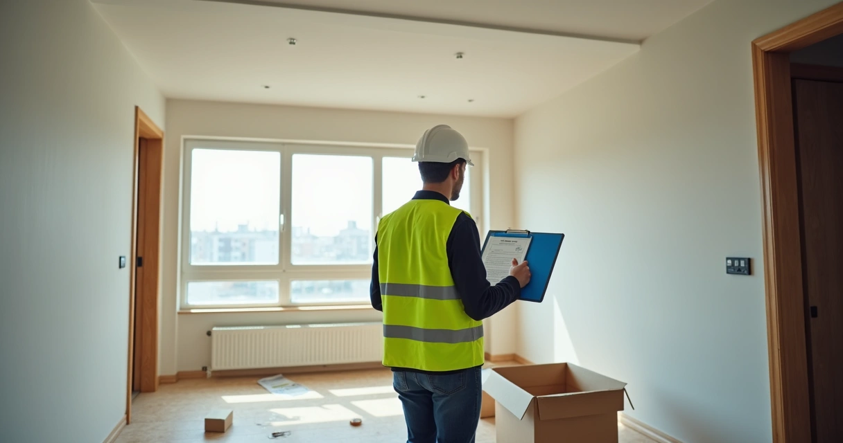 Vistoria em obra para habite-se, engenheiro analisa paredes e instalações. 