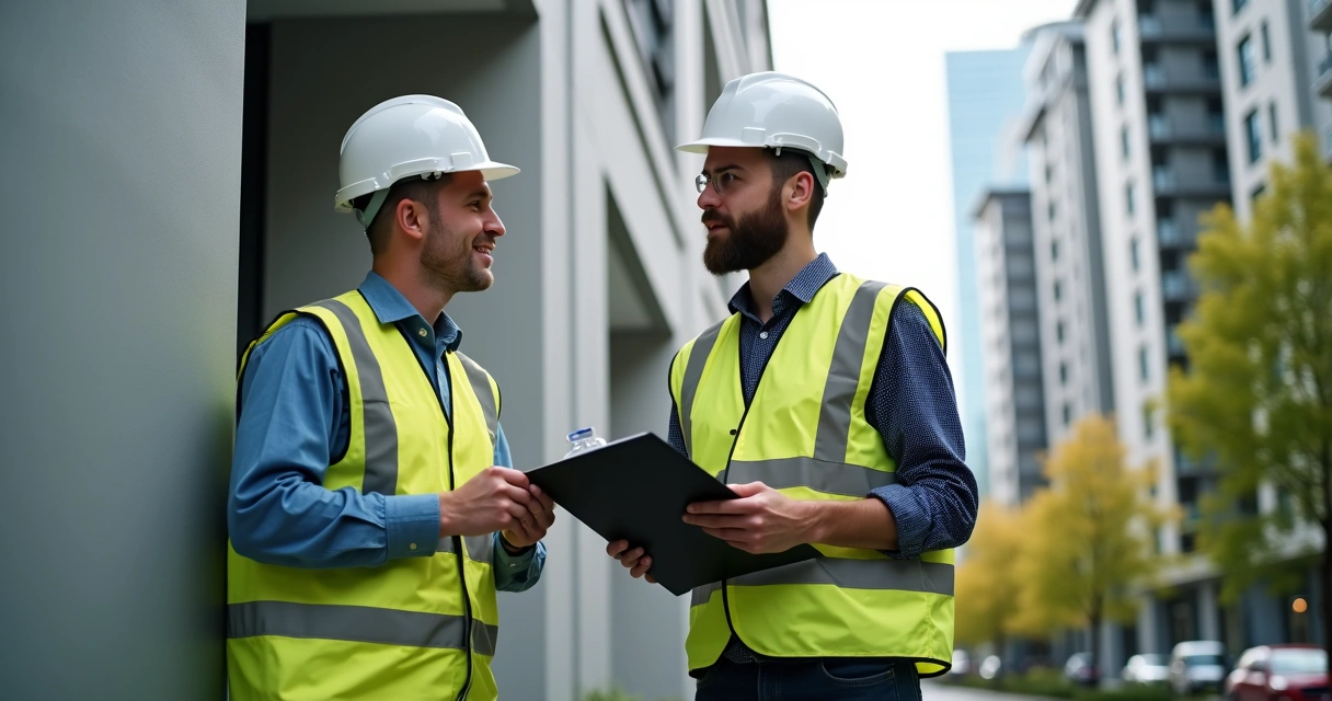 Engenheiro com prancheta vistoriando prédio residencial 