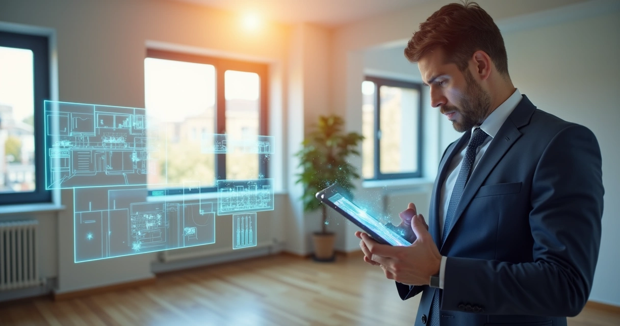 Corretor verificando imagens digitais em tablet durante vistoria