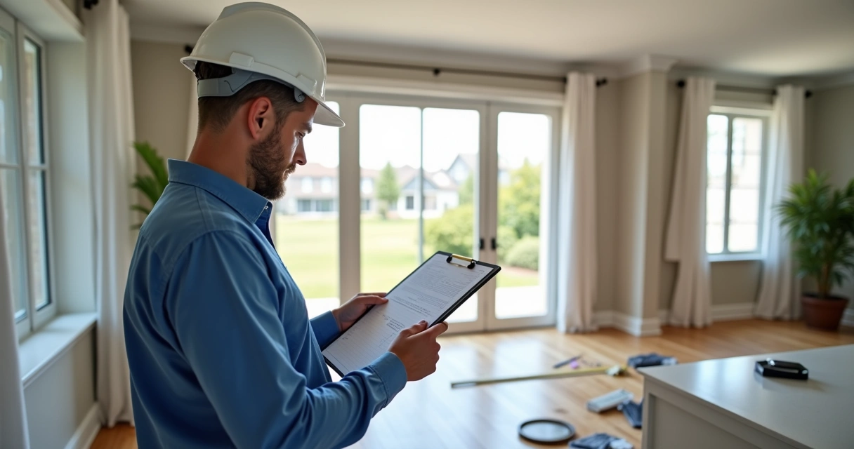 Engenheiro vistoriando imóvel com prancheta e fitas de medição 