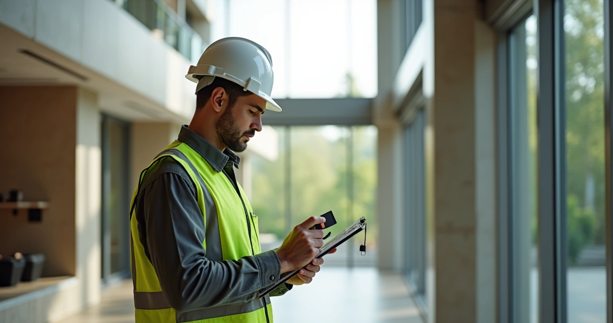 Engenheiro realizando vistoria em prédio com prancheta e equipamentos. 