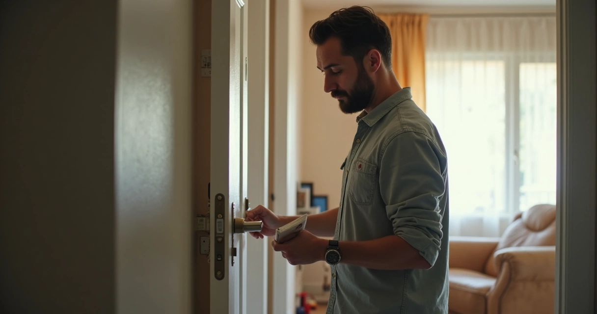 Pessoa analisando fechadura de porta durante vistoria em imóvel 