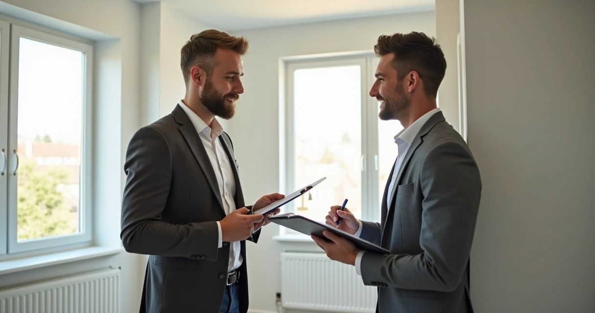 Vistoria de imóvel com proprietário e inquilino anotando detalhes