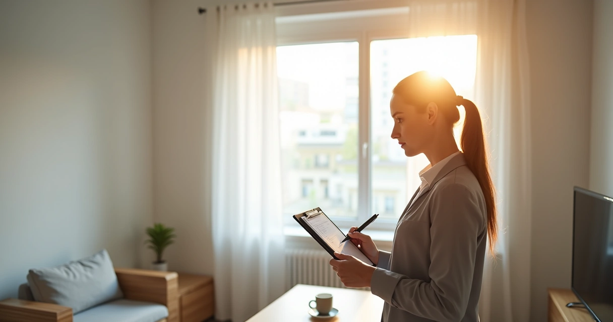 Corretor avaliando imóvel com checklist nas mãos 