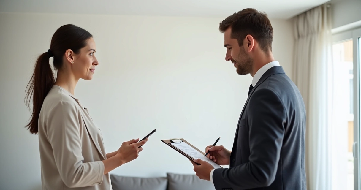 Corretor e inquilino conferem checklist durante vistoria de imóvel alugado