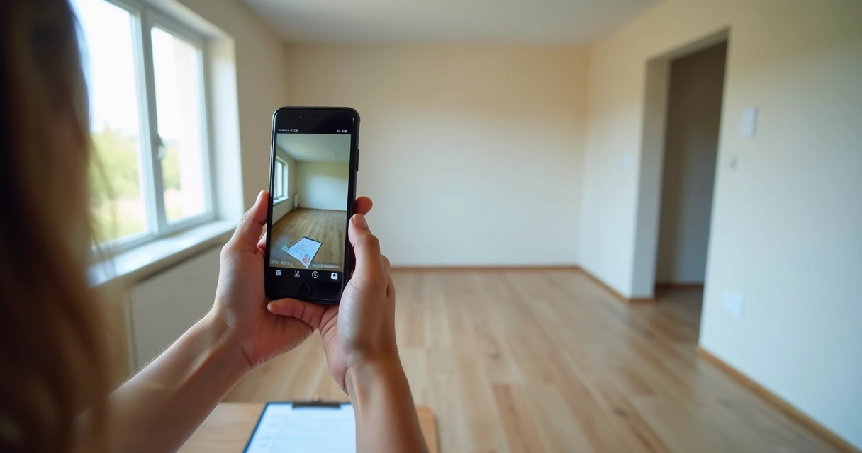 Pessoa fotografando detalhes de imóvel vazio para vistoria 