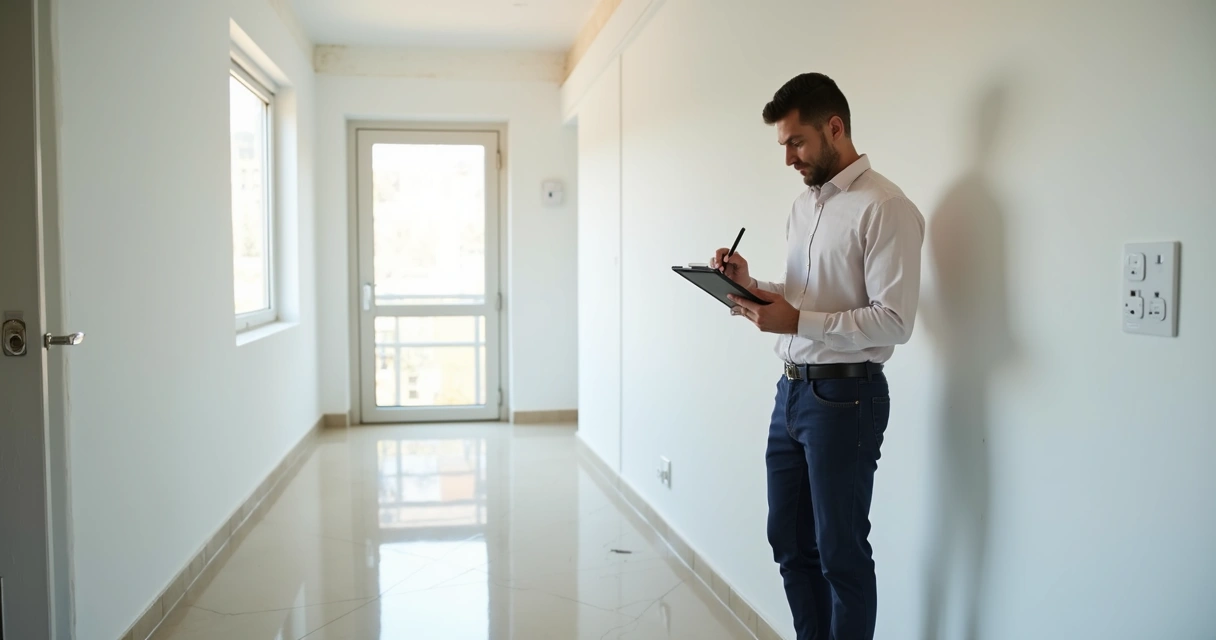 Vistoria detalhada em apartamento, agente anotando em checklist