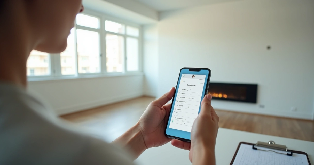 Profissional usando aplicativo de vistoria em apartamento vazio 