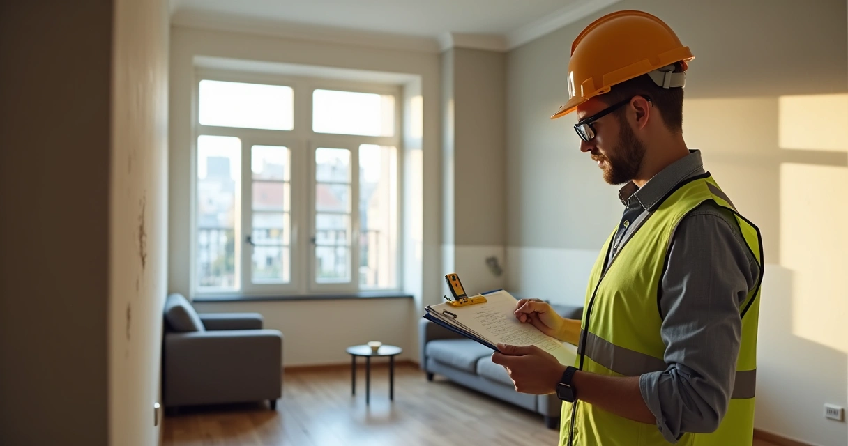 Engenheiro realizando vistoria técnica em imóvel, com prancheta e equipamentos de medição 